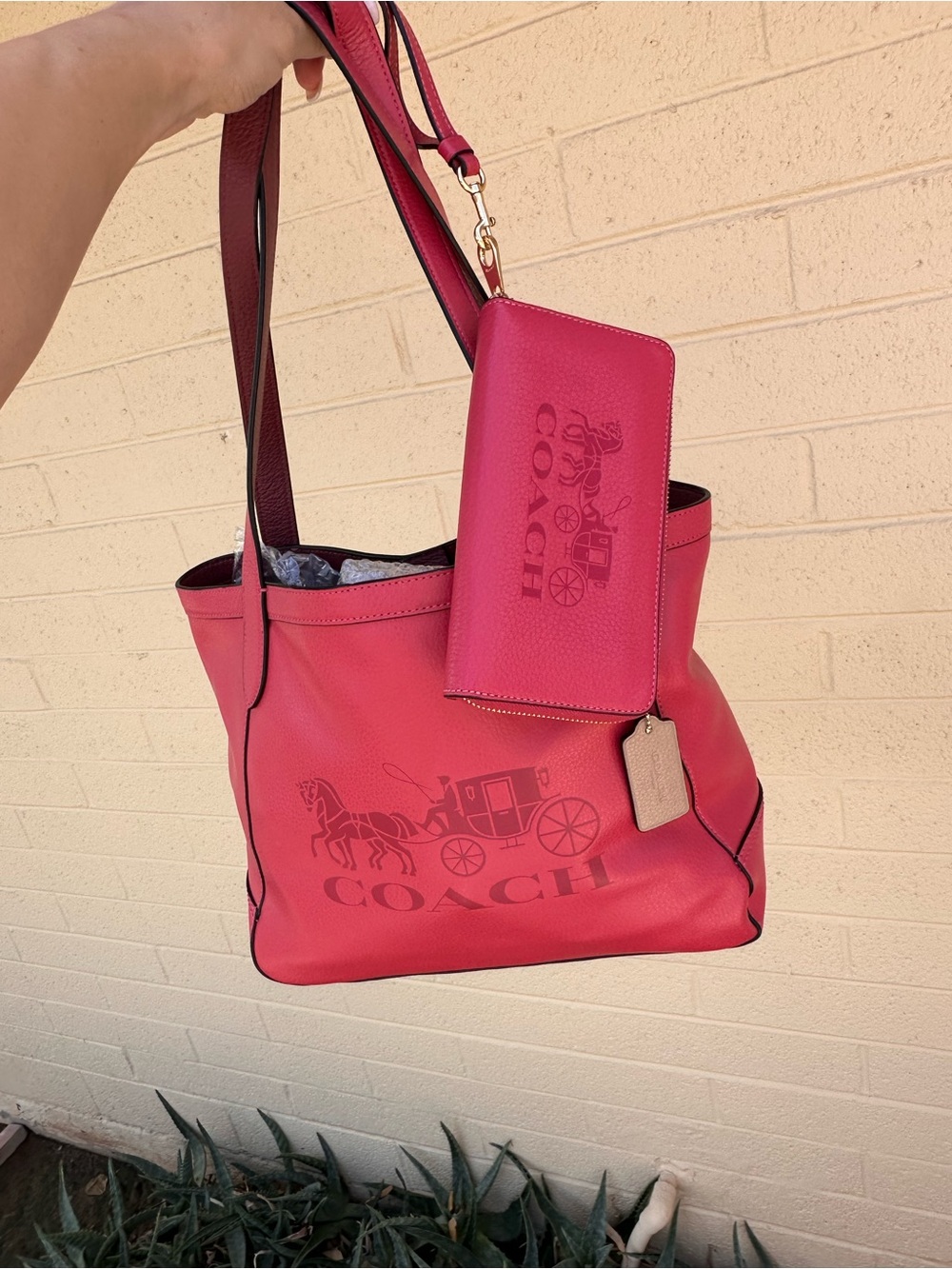 COACH pinkLeather Tote Bag with Signature Logo and matching wallet